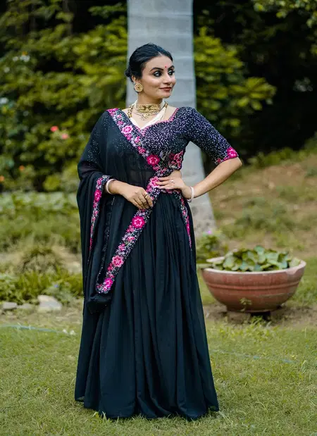 LNB1403 Georgette Plain With Sequins And Thread Embroidery Work Lehenga With Blouse Dupatta Exporters In India